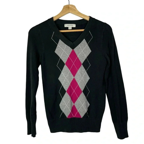 Merona Black & Pink Argyle V-Neck Y2K Pullover Sweater XS - Picture 1 of 3